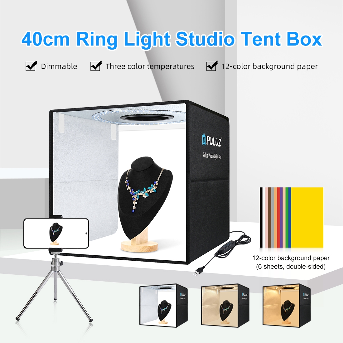 Photography Lighting Backdrop - PULUZ 40 cm faltbare tragbare Ringlicht-USB-Fotobeleuchtung,